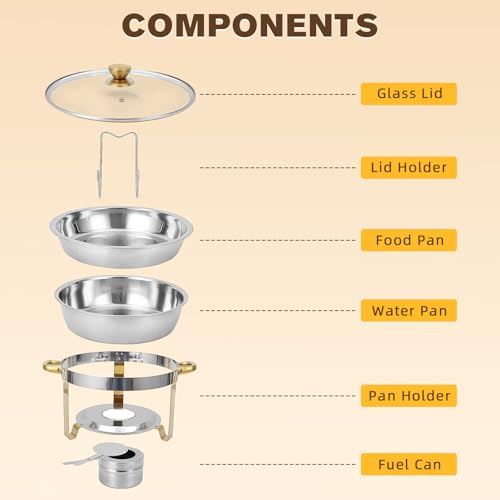 food Warmer Server, Chafing Dish Buffet Set, Round Catering Warmer Server Stainless Steel with Glass Lid, Water Pan, Lid Stand, Fuel Holder Cover (2pcs)