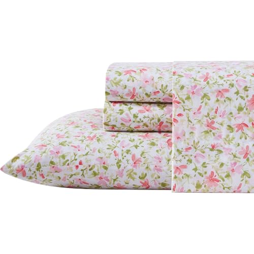Laura Ashley Queen-Size-Bettlaken, Baumwoll-Perkal-Bettwaesche-Set, leicht und atmungsaktiv, Heimdekoration (Norella Pink, Queen)