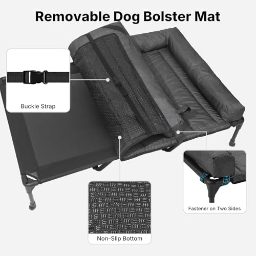Veehoo Elevated Dog Bed, Lifted Dog Ded Add Waterproof Removable Pillow-Top Mat, Raised Pet Cot with Breathable Mesh, No-Slip Feet, Bolster Dog Cot Bed for Indoor & Outdoor, 150 x 95 cm, Black