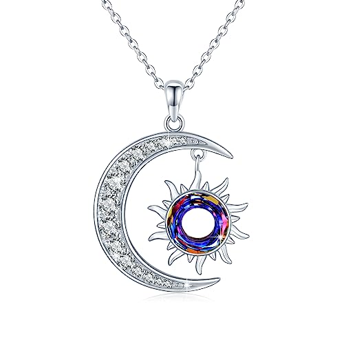 PERZAT Sun and Moon Necklace 925 Sterling Silver Sun Pendant Necklace with Crystal Crescent Moon Necklace Sun Moon Jewelry Gifts for Women Girls