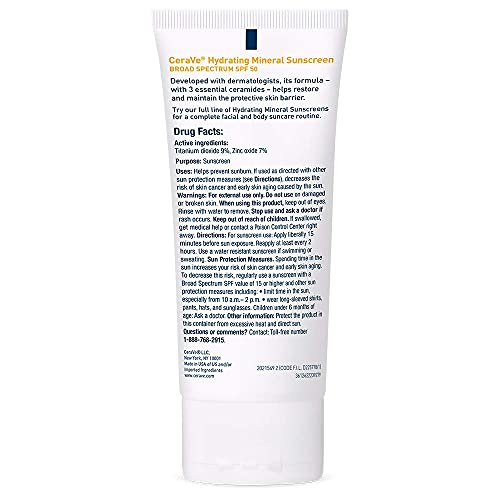 CERAVE 100% MINERAL SUNSCREEN SPF 50, FACE SUNSCREEN WITH ZINC OXIDE & TITANIUM DIOXIDE, HYALURONIC ACID + NIACINAMIDE + CERAMIDES, OIL FREE, TRAVEL SIZE 2.5 OZ