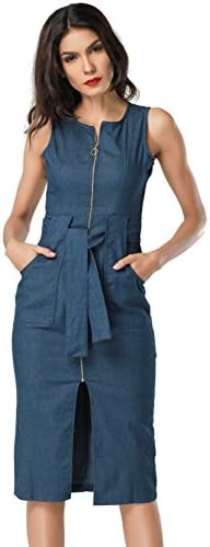 Clarisbelle Women's Sleeveless Bodycon Sexy Slit Front Zipper Elegant Denim Dress