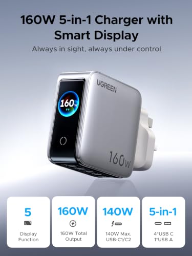 UGREEN Nexode Pro 160W Type C Fast Charger, Smart Display USB C GaN Charge Adapter 5-Port Laptop Charging Compatible for iphone 17 Pro Max, Galaxy S26/25 Ultra, iPad, MacBook, Honor, Lenovo, Dell, HP