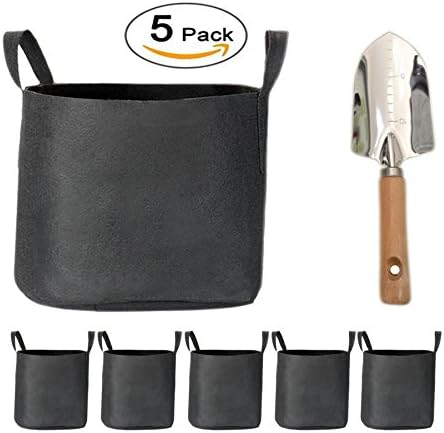 Plant Growing Bags, iHEBE 5-Pack 5 Gallons Premium Fabric Planters Pots With Strap Handles for Flowers and Vegetables Planting Pouch (Including a Stainless Steel Garden Shovel)