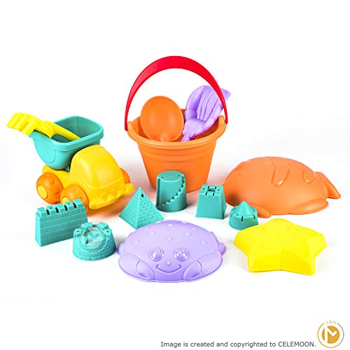 CeleMoon 14pcs Beach Sand Toys Set Soft Plastic Material Sets Including Sand Truck, Bucket, Shovels, Rakes, Castle Molds for Kids Toddlers Outdoor Play - Thumbnail 3