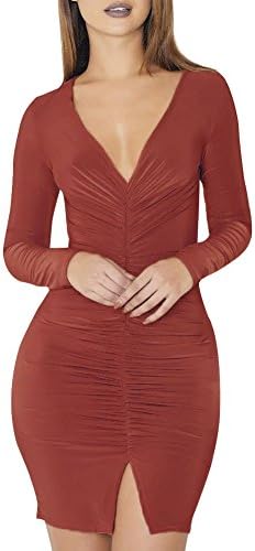 Fairyler Women Sexy V Neck Drape Bodycon Dress Stretch Slit Club Dress Slim Fitted Cocktail Midi Party Dress Tops L Reddish Brown
