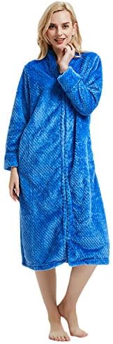 LAPAYA Women's Fleece Robe Calf Length Long Sleeve Fluffy Plain Zip Front Bathrobe