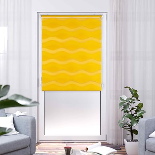 K-Home Klemmfix Double Roller Blind, Wave, No Drilling Required, Yellow, 110 cm x 200 cm (W x L)
