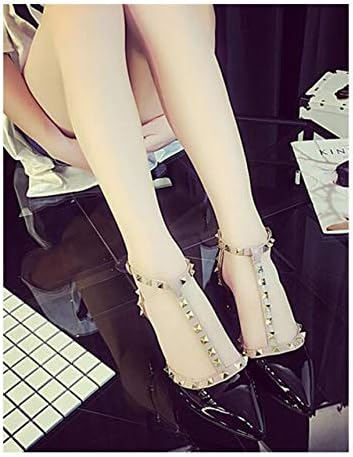Angshanxia Women's Shoes Rivets T Belt Buckle Hollow Pointed high-Heeled Patent Leather High Heels Shoes