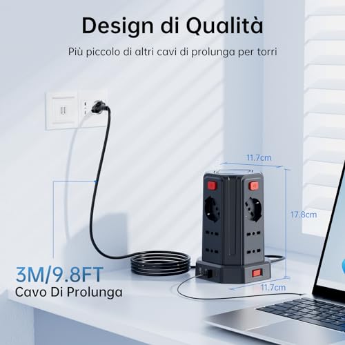 Power Strip 3 m with 12 Universal Sockets 10/16A ITA and Schuko and 3 USB A+1 USB C Overvoltage Protection with 4 Independent Switches, Black