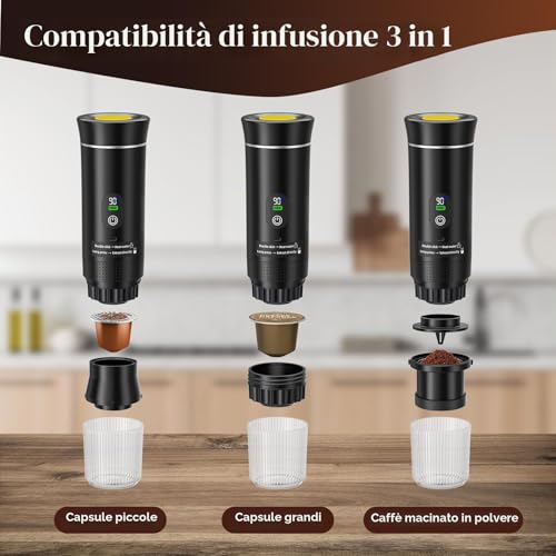 GJCrafts Portable Coffee Maker, 3 in 1 Battery Operated Espresso Machine, Compatible with Capsule and Ground Coffee, RV Gadgets and Camping Gifts (Black)