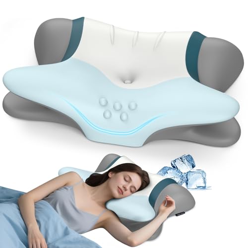 Cervical Neck Pillow for Pain Relief - Ergonomic Side Sleeper for Sleeping, Memory Foam Pillows for Neck Support, Contour Orthopedic Bed Pillow for Back Sleepers（White & Blue）