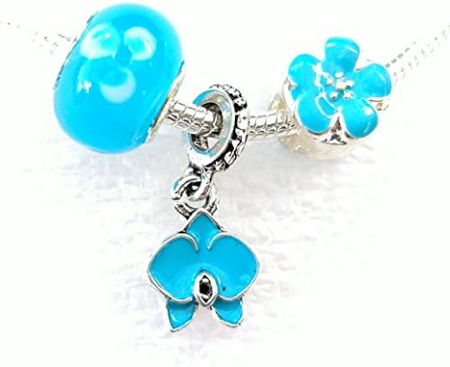 Aqua Orchid Flower Enamel Silver Charm Beads 3 Pcs Set for European Style Bracelets Big Hole