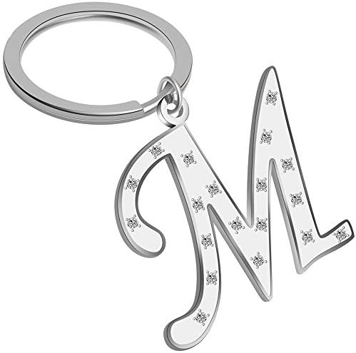 Womens Alphabet Initial Letter Keychain Handbag Charms Letter M Key Ring with Ball Chain Necklace for Girls