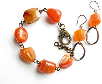 Orange Raw Stone Carnelian Bracelet Dangle Hoop Earrings Handmade Natural Genuine Gemstone Beaded Jewelry Set