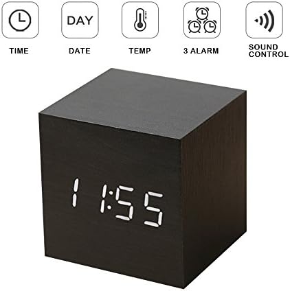 poemdream Digital Wood Alarm Clock, Sound Control Mini Cube Alarm Clock, with Led Display Time Date and Temperature Compact for Bedroom, Office and Travel Black