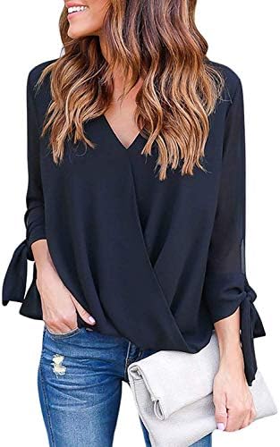 Women's V Neck Short Sleeve Blouse Tops Drape Wrap Front Casual Chiffon Shirts