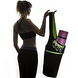 Yoga Mat Bag - Elegant & Embroidered Cotton Tote With 2 Pockets | Wide Sling Carrier With Long Strap & 2 Elastic Mat Bands (Black & Lime Green)