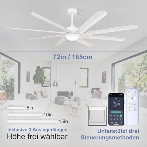 XSXUDODP Ceiling Fans 185 cm with Light, White Outdoor Ceiling Fan with Lighting and Remote Control, 8 Aluminium Blades, 6 Speed, Reversible DC Motor, White
