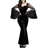 LANSHULAN Gothic Contrast Mesh Flounce Sleeve Velvet Mermaid Hem Dress Clothes