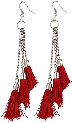 Nissan Handicraft Lightweight Hook Dangler Hanging Earrings with Red Tassels Beads