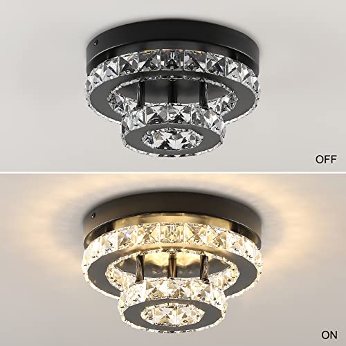 ECOBRT Mini Crystal Chandeliers Modern Black Flush Mount Ceiling Light Surface Mount Led Ceiling Light Bedroom Ceiling Lights Indoor 9.8