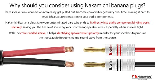 Nakamichi Excel Series 24k Gold Plated Banana Plug 12 AWG - 18 AWG Gauge Size 4mm for Speakers Amplifier Hi-Fi AV Receiver Stereo Home Theatre Radio Audio Wire Cable Screw Connector 8 Pcs (4-Pairs)
