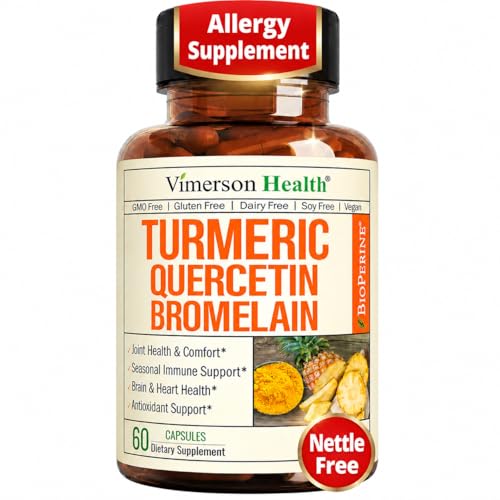 Quercetin with Bromelain Turmeric Curcumin Supplement – Triple Action: Allergy Relief, Inflammation and Joint Support with Organic Tumeric + Bioperine for Max Absorption – 60 Quercetin 500mg Capsules