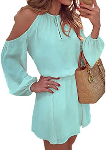 xxxiticat Women Summer Casual Loose Cold Shoulder Swing Solid Long Sleeve  Short Mini Dresses(AQ,M) Aqua price in UAE | Amazon UAE | kanbkam