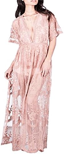 LandBeautyi Sexy Hollow White Lace Dress Women's High Waist Sleeveless Backless Dress Pink XL