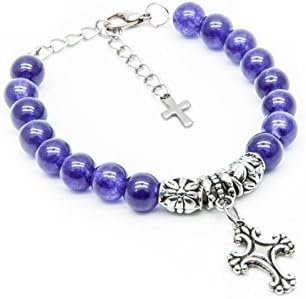 SisFrog Natural Gemstone 8mm Amethyst Beaded Bracelet with Cross Pendant, Birthday, Easter, Baptism Gifts (Unisex, Purple Color)