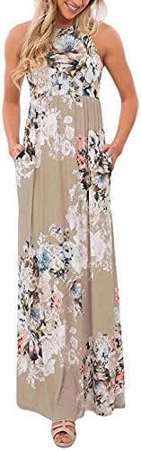 Obazidou Women's Scoop-Neck Floral Sleeveless Long Maxi Dress, Light Taupe, Medium