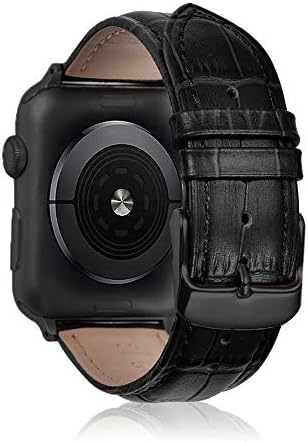 Leather Strap Replacement for Apple Watch Series 4 44mm Band Genuine Leather Alligator Grain Replacement Bracelet Strap Black Pin Buckle Adapter For Men Women-Black