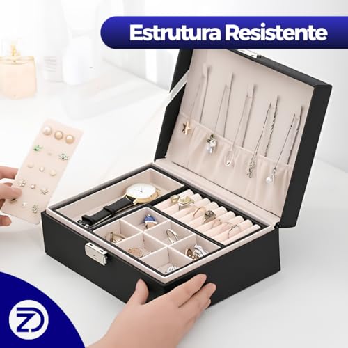 Porta Joias Dupla Camada com Chave | Organizador Multifuncional para Anéis, Brincos e Colares | Compacto, Resistente e Ideal para Viagem | Cor Branco