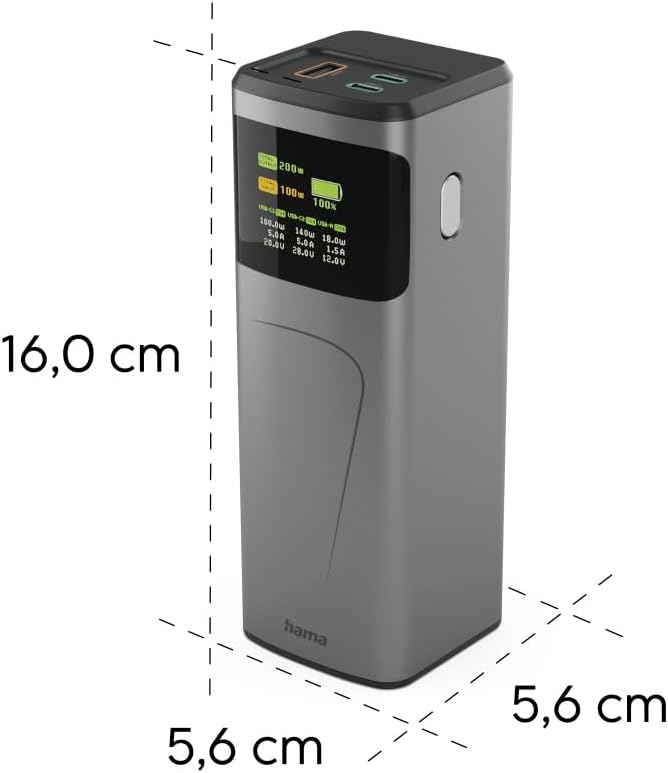 Power Pack "High Power" (batteria esterna con ricarica rapida da 200 Watt, Power Delivery e Quickcharge, 24000 mAh, 2 USB C, 1 indicatore di batteria, formato di viaggio compatto, certificato
