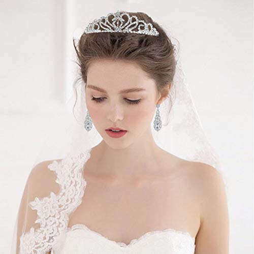 Paxuan 2 Pack Silver Wedding Bridal Crystal Tiara Crown with Comb Rhinestone Princess Headband Headpiece for Girls Women Birthday Pageant Party Wedding Prom Bridal (Earrings)