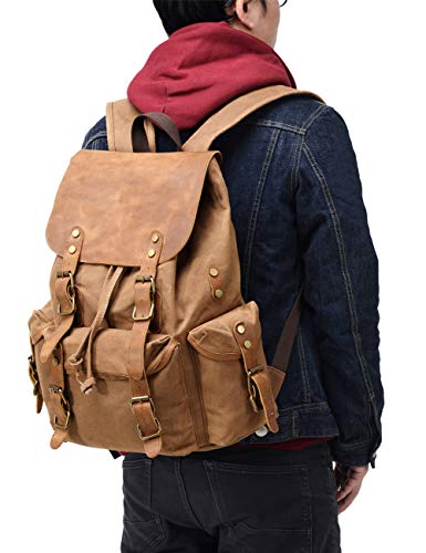 Kemy's Mens Waxed Canvas Backpack Leather Rucksack for Men Wax Leather Backpacks Travel Vintage Bookbag with Laptop Compartment Rustic Large Waterproof Brown Easter Gifts - Thumbnail 2