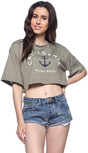 OWLFISH Malibu Beach California Anchor Loose Fit Modern Look Crop Top,Large,Olive