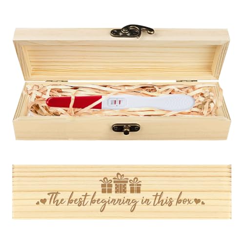 CHGCRAFT Pregnancy Test Keepsake Box Love Heart Wooden Pregnancy Announcement Gifts Box with Raffia Ribbon and Lock Announcement Gifts for Dad Husband, 8x2x1.2inch