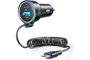 FLYLEAD USB C 90W Car Charger for iPhone 17/16 Pro Max, PD & QC3.0 w/5 ft 45W Type C Coiled Cable, Fast Car Phone Charger Adapter for iPhone 17Air/15 Pro, Samsung Galaxy S25/S24/S23, Pixel 10/LG/Android, iPad