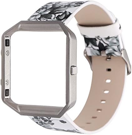 YOSWAN Replacement Band for Fitbit Blaze, Watchband Floral Soft Leather Strap Replacement Watch Band Wristband Bracelet Strap and Frame for Fitbit Blaze (White+Gray)