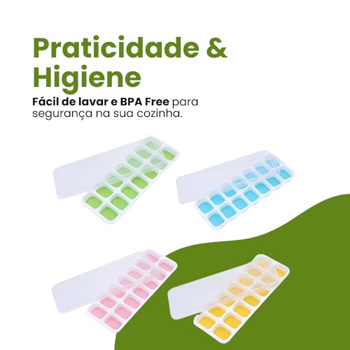 Kit 4 Formas de Gelo com Tampa Rígida Fundo Silicone Flexível 14 Cubos | Ideal para Bebidas, Ideal para Frutas, Ideal para Papinha, Ideal para Alimentos