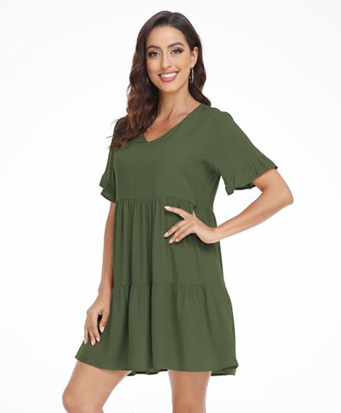 REDMORE SUMMER DRESSES FOR WOMEN 2024 CASUAL BABYDOLL V NECK RUFFLE SHORT SLEEVE A LINE DRESS BEACH TIERED DRESS WITH POCKETS ARMY GREEN