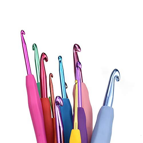 KOKNIT 12pcs Rainbow Color Ergonomic Soft Handles Grip Aluminum Crochet Hooks Set Smooth Knitting Needle 2.0mm-8.0mm for Arthritic Hands Any Size Yarn Pattern