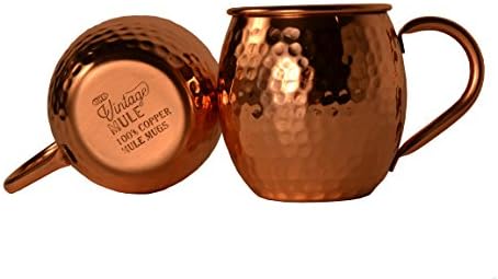 Solid Copper Moscow Mule Mugs Set of 2 - The Vintage Mule | Perfect for Kentucky or Moscow Mules - 16 ounces, No Lining, Original Hammered Finish, 100% Pure Copper, Premium Copper Handle
