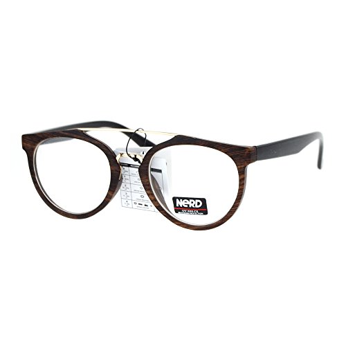 Fashion Clear Lens Glasses Round Metal Top Bridge Eyeglasses Dark Wood Black