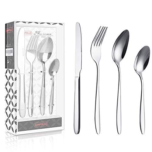 SUNPOLLO 24 Pieces Silverware Set, Stainless Steel Flatware Set Service for 4, Include Knife/Fork/Spoon, Mirror Polished, Dishwasher Safe for Kitchen Hotel Restaurant Wedding Party