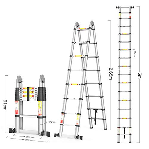 Finether 16.4ft Aluminum Telescoping Extension Ladder Portable Multi-Purpose Folding A-Frame Ladder with Hinges, 330lb Load Capacity for Home Loft Office,EN131 Certified