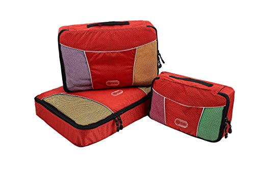 Suitcase Packing Cubes - 3 Pc Set Plus 6 Pc Travel Bottle Organizer Bags by Packer Hacker (Red)