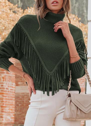 PRETTYGARDEN WOMENS 2024 FALL TURTLENECK SWEATER TOPS LONG SLEEVE FRINGE CHUNKY KNIT PULLOVER SHIRTS (ARMY GREEN,LARGE)